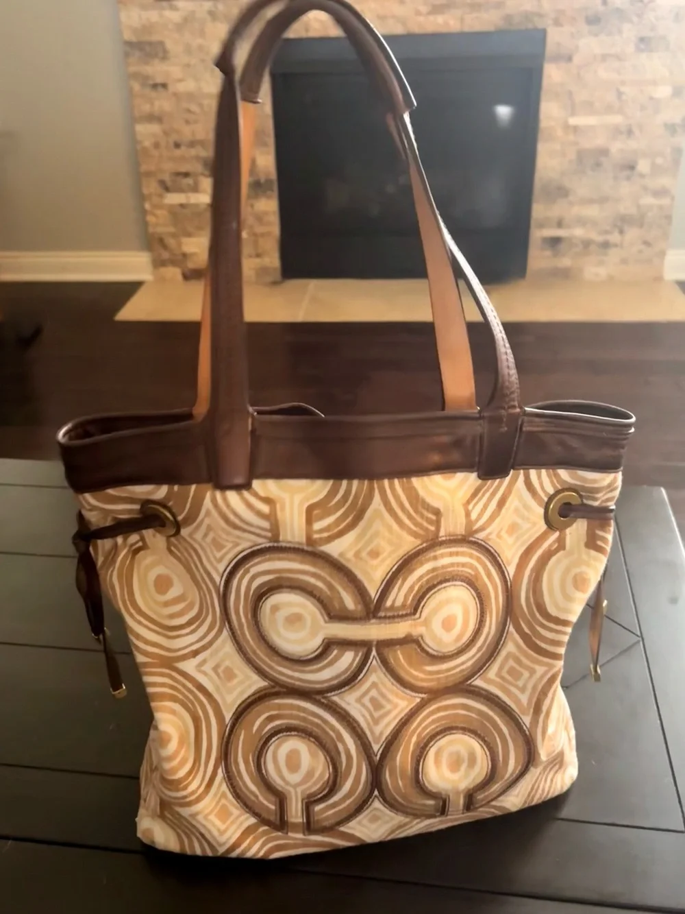 Y2K Vintage Coach Audrey Op Art Swirl Leigh Slim Tote 17044 Brown Beige Y2K